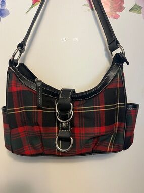 Chaps Red and Green Tartan Shoulder Bag with Black Trim
